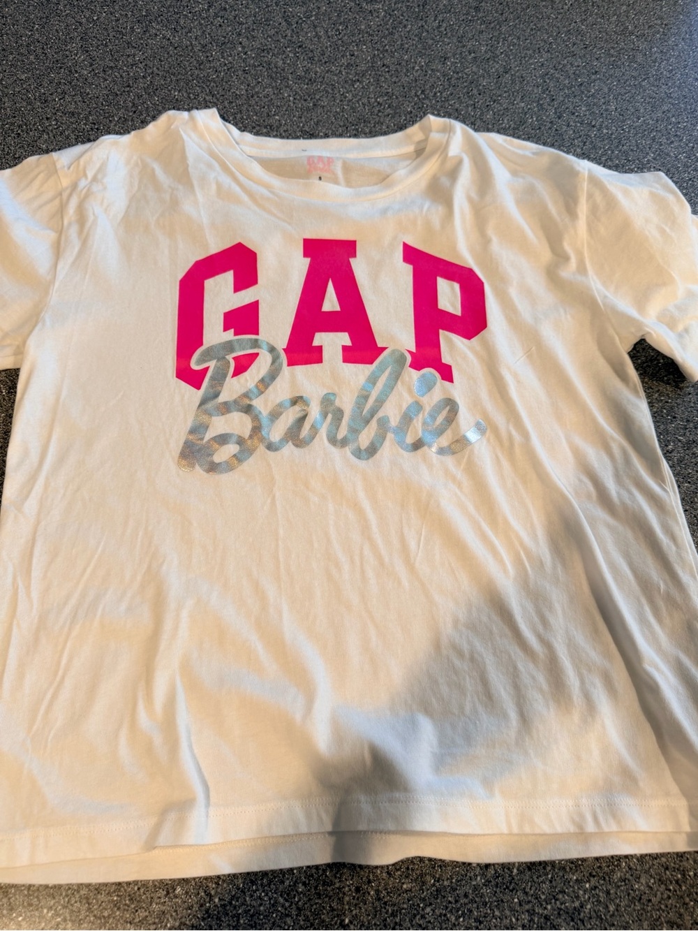 GAP White Short Sleeve Tee with Hot Pink Logo and Silver Barbie Script